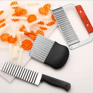 Sharp, stainless steel wave blade for creating crinkle-cut potatoes.