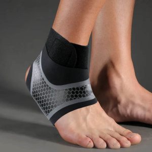 A close-up photo of a person wearing a black ankle support while running on a track. The ankle support should be clearly visible, with details like breathable fabric and adjustable straps highlighted.