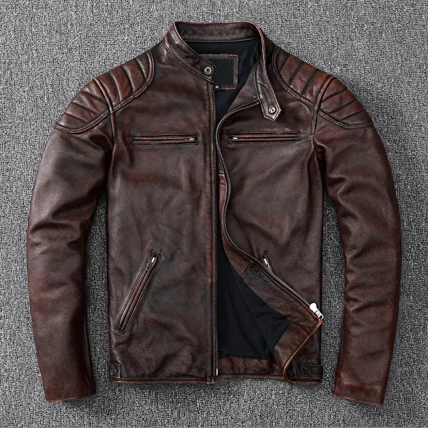 Vintage Yellow Brown Real Cowhide Genuine Leather Jacket Men - Image 6