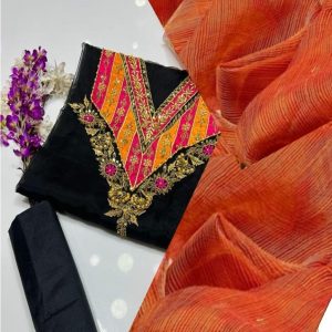 3 Pcs Organza Qattan Suit