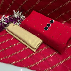 3 Pce Krinkal Chiffon Nug Work Shirt Krinkal Chiffon Heavy Embroidery Dupata Meauri Trouser (unstitched)