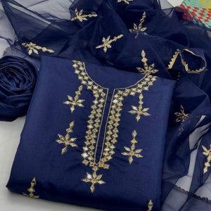 3 Pice Suit Qatan Silk Mirror Work Shirt And Trouser Organza Mirror Work Duptta