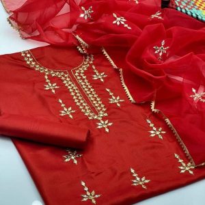 3 Pice Suit Qatan Silk Mirror Work Shirt And Trouser Organza Mirror Work Duptta