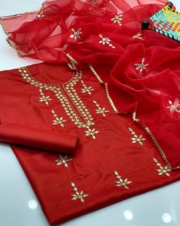 3 Pice Suit Qatan Silk Mirror Work Shirt And Trouser Organza Mirror Work Duptta