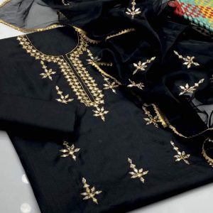 3 Pice Suit Qatan Silk Mirror Work Shirt And Trouser Organza Mirror Work Duptta