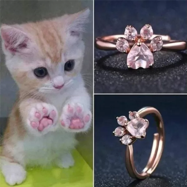 Cute Bear Paw Cat Claw Opening Adjustable Ring Rose Rings For Women Romantic Wedding Pink Crysta - Image 3