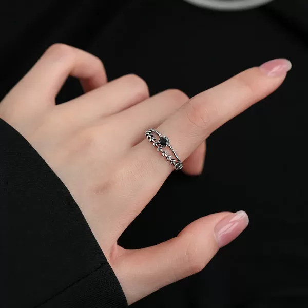 Sterling Silver Black Zircon Wheat Leaf Ring | Double Layer Party Jewelry - Image 2