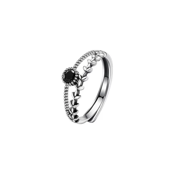 Sterling Silver Black Zircon Wheat Leaf Ring | Double Layer Party Jewelry - Image 6