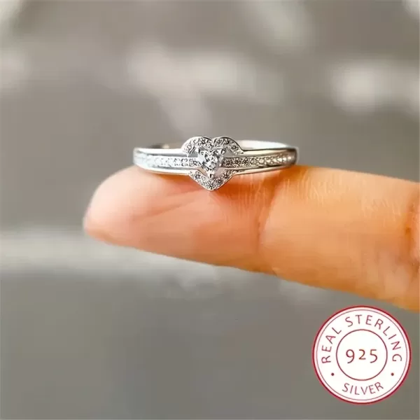Sterling Silver Hollow Heart Double Layer Diamond Promise Rings For Couple - Image 2