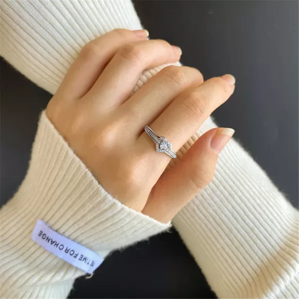 Sterling Silver Hollow Heart Double Layer Diamond Promise Rings For Couple - Image 3