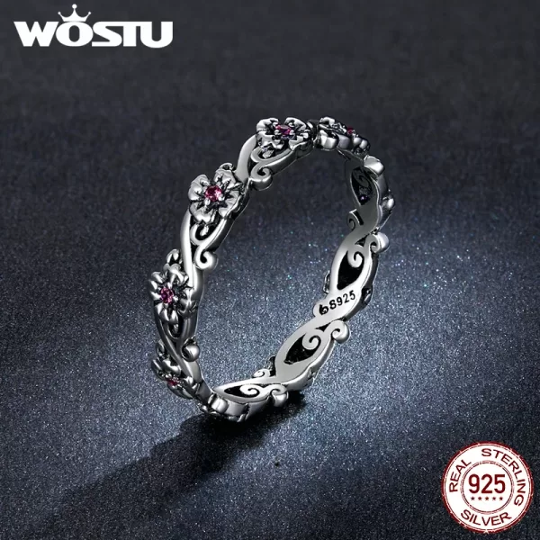 Sterling Silver Hollow Pattern Rose Red Flower Zircon Rings For Women - Image 3