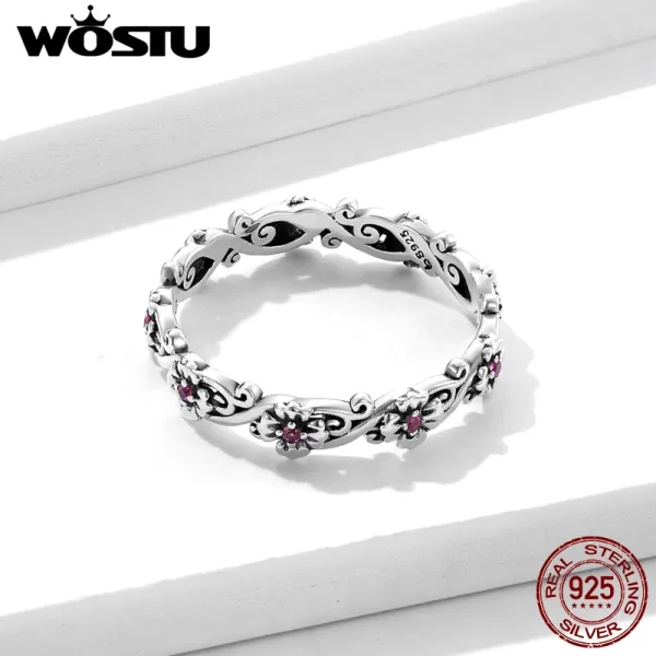 Sterling Silver Hollow Pattern Rose Red Flower Zircon Rings For Women - Image 4