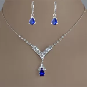 Close-up photo of the Women's Water Drop Rhinestone Necklace showcasing the cascade of blue, green, and red rhinestones in a water drop pendant design.