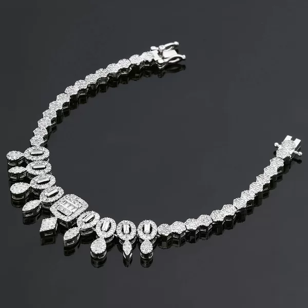 Close-up of a delicate diamond necklace with a sparkling pendant.
