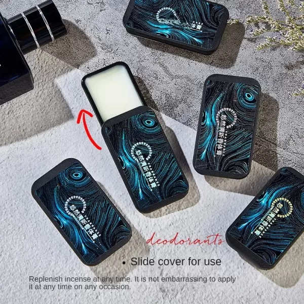 White deodorant stick with a teal peacock feather design.