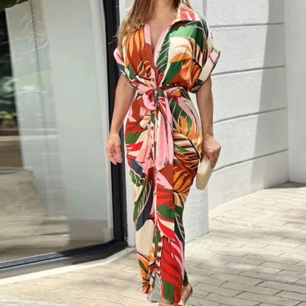 orange green-white color Dress Women Short Sleeve High Waist Lace-Up Long Dresses