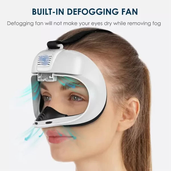 Close-up of the KKCOBVR K2 face cover, highlighting the leather material and built-in fan.