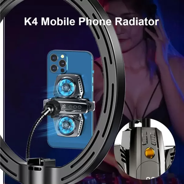 K4 Mobile Phone Cooler with dual fans and heatsink attached to a smartphone.
