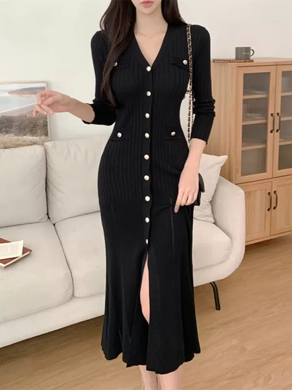 Summer Midi Dress Knitted Black Bodycon Korea Style Dresses 2024