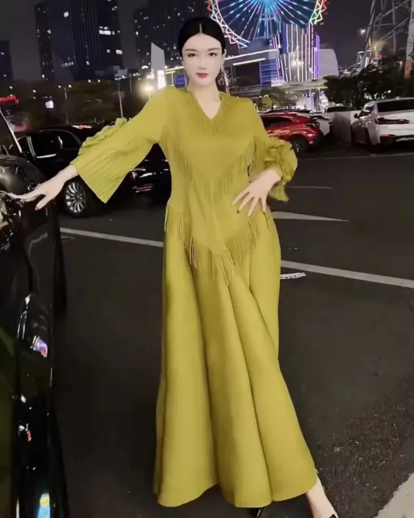 2024 color Pleated yallow French Vestito Dress