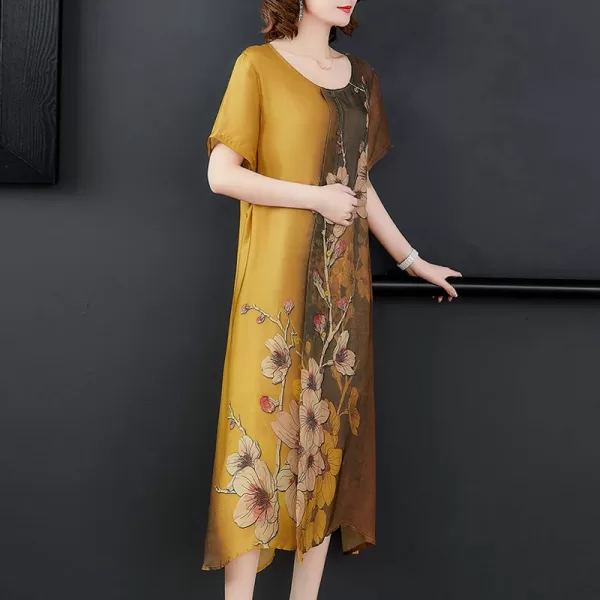 A plus-size model wearing a loose-fitting summer dress with a flattering silhouette.
