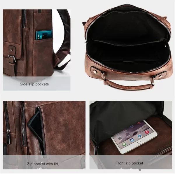 brown and black Leather Men Backpack Business Male 15.6"