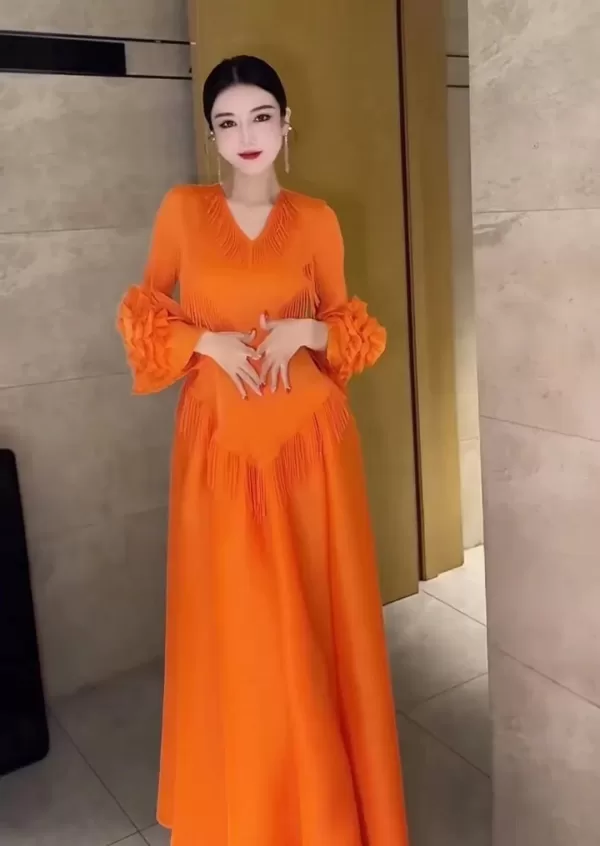 2024 orange color Pleated French Vestito Dress
