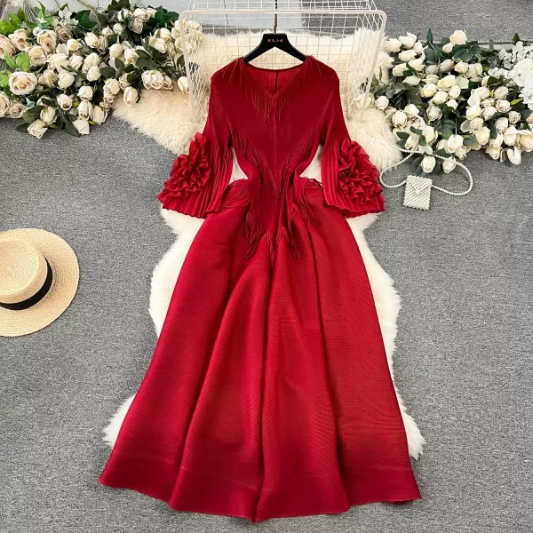 2024 red color Pleated French Vestito Dress