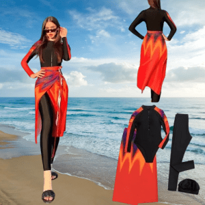Close-up of a Burkini top with a high neckline and long sleeves.
