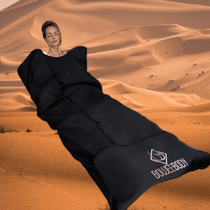 Person relaxing on a cozy couch wrapped in a big, grey fleece blanket.