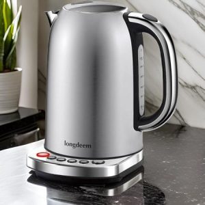 Stainless steel electric kettle on a boiling stand, steaming