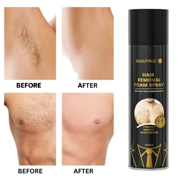 A before-and-after comparison showcasing the effectiveness of a hair removal foam spray.