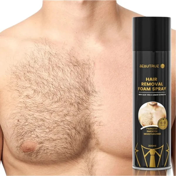 A man's chest with visible hair before and after using a hair removal foam spray. The can of the spray is also shown.