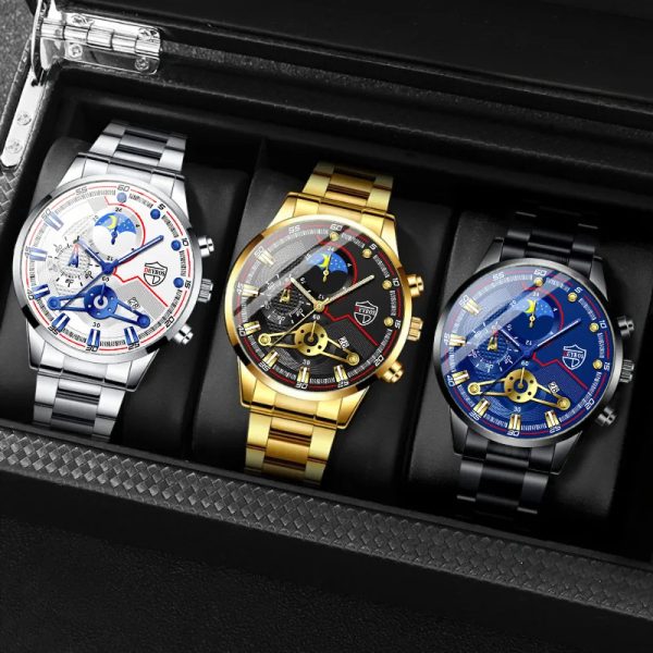 Reloj Hombre Men’s Luxury 3-Piece Business Watches Mens Full Calendar Leisure Sports Watch Men Stainless Steel Quartz WishWatch