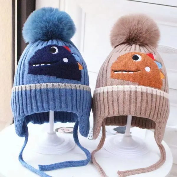 Winter Children’s Thickened Knitted Hats For Boy Girl Cotton Warm Hat Cartoon Dinosaur Kids Toddler Ear Protection Beanies Cap