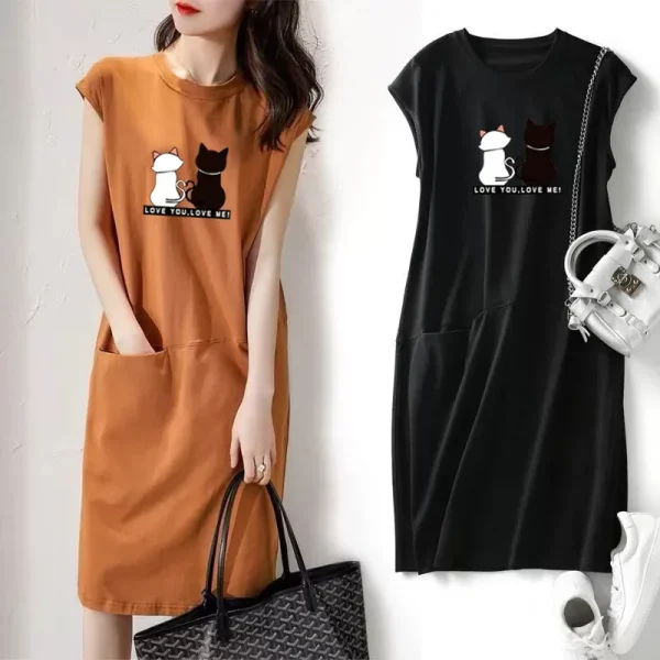Women Summer Kawaii Cat Print Dress Korean Fashion