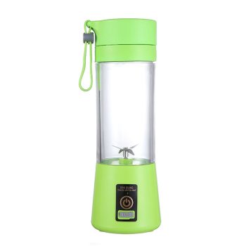 USB rechargeable juicer blender with fruit and smoothie nearby