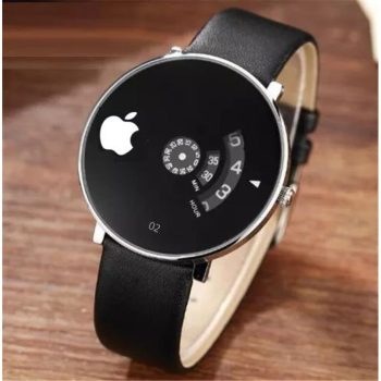 Close up of black and white watch face with textured stainless steel band