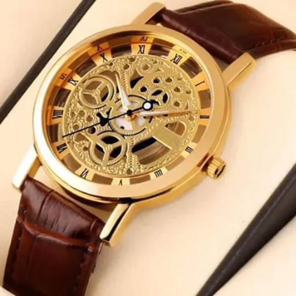 Stylish Skeleton Double Glass Leather Watch – Unisex