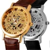Skeleton watch with double-sided glass and leather strap