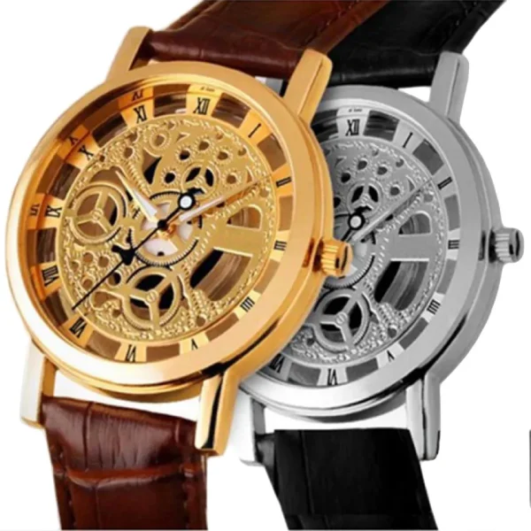 Stylish Skeleton Double Glass Leather Watch – Unisex