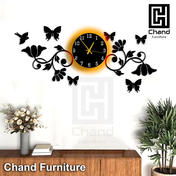 Stylish Wooden Wall Clock with 3D Butterflies & Birds