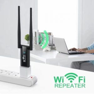 USB WiFi repeater being plugged into a laptop's USB port