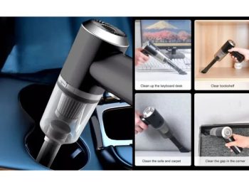 Woman using cordless handheld vacuum with LED light on stairs