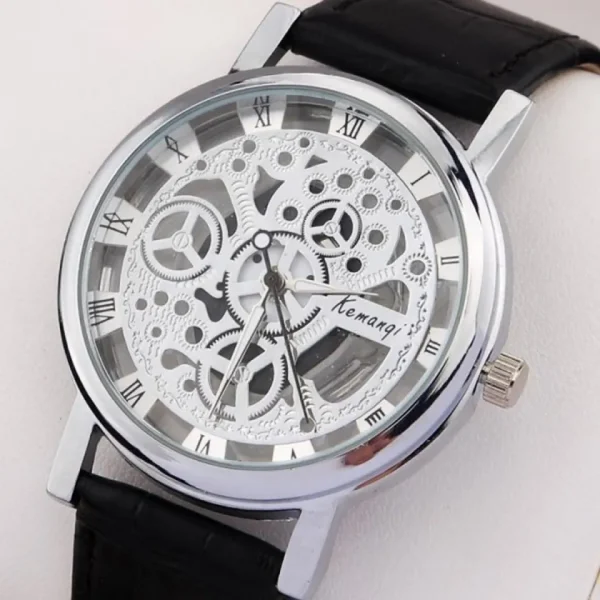 Stylish Skeleton Double Glass Leather Watch – Unisex