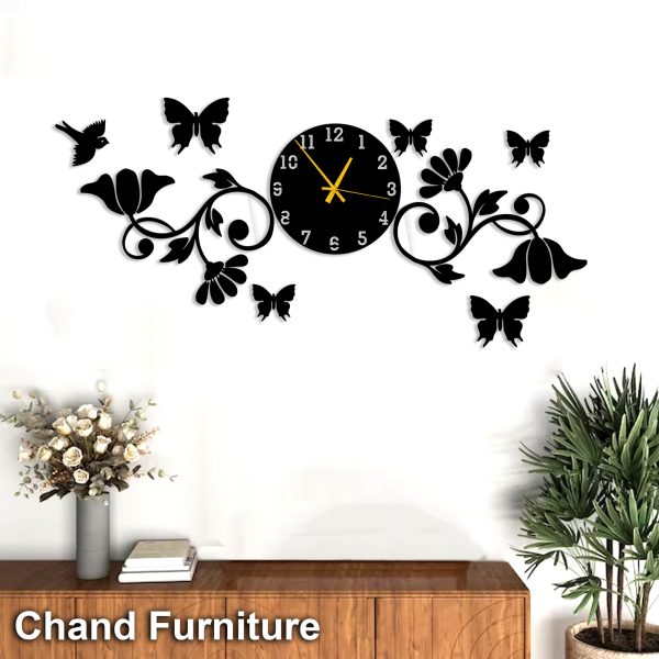 Stylish Wooden Wall Clock with 3D Butterflies & Birds