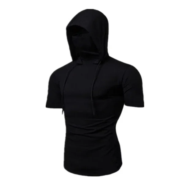 2025 New Mens Gym Thin Hoodie Short Sleeve With Mask T-shirt fashion Casual Splice Large Mask Hoodie motorcycle Cycling tHoode