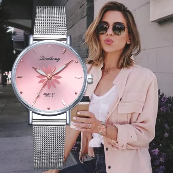 Women’s Wristwatches Luxury Silver Popular Pink Dial Flowers Metal Ladies Bracelet