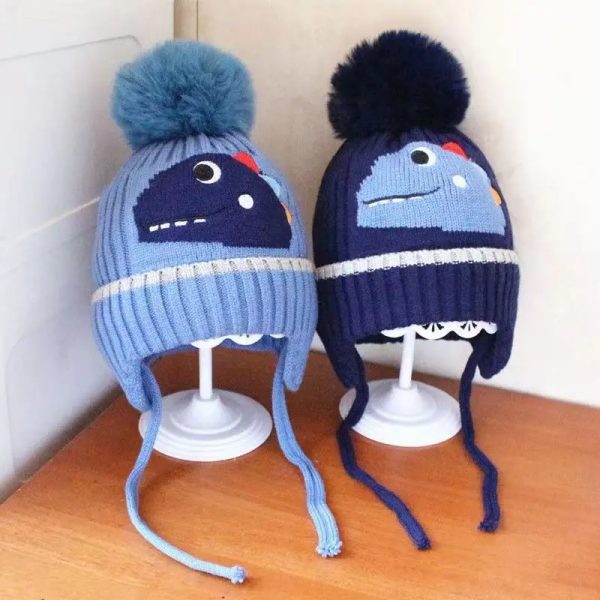 Winter Children’s Thickened Knitted Hats For Boy Girl Cotton Warm Hat Cartoon Dinosaur Kids Toddler Ear Protection Beanies Cap