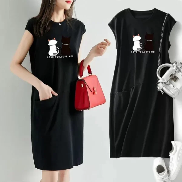 Women Summer Kawaii Cat Print Dress Korean Fashion